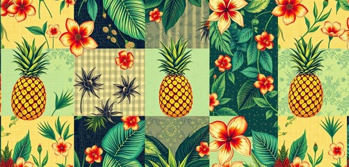 Vintage tropical patchwork pattern featuring pineapple, flower, and leaf motifs , blossom, summer