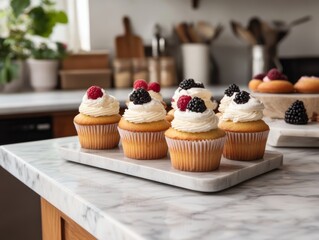 A cozy kitchen scene, a tray of freshly frosted fruit cupcakes on a marble countertop - ai