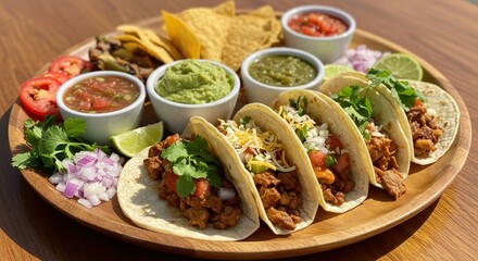 Delicious Mexican Tacos Served with Fresh Ingredients and Accompaniments on a Wooden Platter - Perfect for Food Photography and Culinary Inspiration