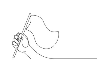 Continuous one line drawing of Hand holding flag. Single line drawing illustration of Hand hold flag. Celebration victory concept vector art. Doodle line illustration.