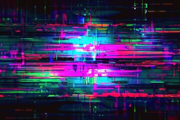 Abstract digital glitch art with horizontal streaks of bright neon colors including pink, blue, green, and purple creating a dynamic and chaotic pattern on a dark background