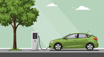 Charging Electric Vehicle at Station Under Tree on Green Background