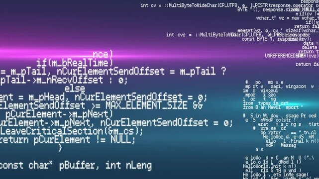 Programming code overlay moving over gradient interface, featuring pointers, imports and functions