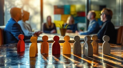 Wooden figurines arranged on a table in a meeting room with people sitting and discussing in the background, warm sunlight casting shadows creating a collaborative atmosphere