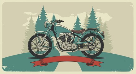 Vintage poster imitation with classic motorcycle standing on forest road. Classic bike in the forest. Vector illustration, JPEG version.