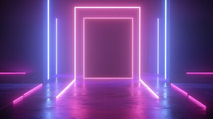 Glowing neon pink and blue rectangular light frame in dark room.