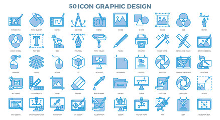 Set of vector icons illustrating various aspects of digital design, including software development, color palettes, web design, and graphic design. Perfect for use in presentations, websites, and mark