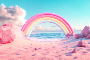 Pastel Pink Beach Scene with Glittery Rainbow Arch
