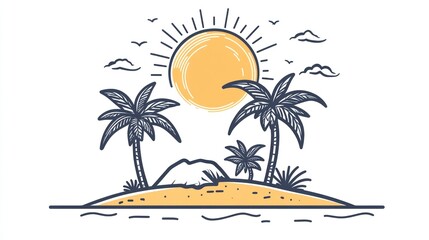 Hand-drawn tropical island scene with sun and palm trees