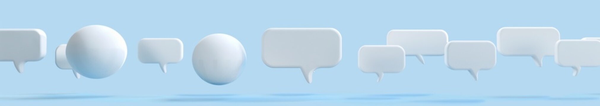 white three-dimensional speech bubbles floating against a light blue background creating a sense of communication and interaction