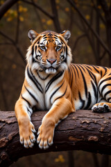 Obraz premium a tiger resting on a tree branch with a blurred forest background. The tiger has its paws extended in front, and the scene conveys a sense of calm and majesty.