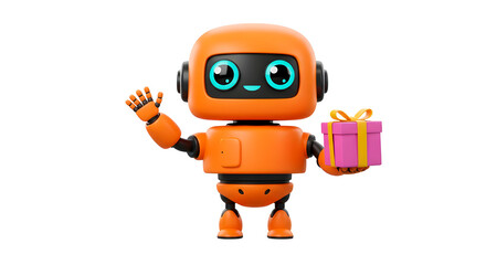 Fototapeta premium Cute Orange Cartoon Robot Waving and Holding a Gift