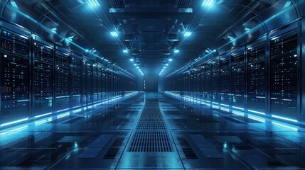 Obraz premium Futuristic data center hallway with rows of illuminated server racks and metallic reflective floor in cold blue lighting conveying a high-tech and sterile atmosphere