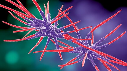 Microscopic image showing two purple cells with red appendages