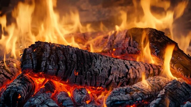 Wood burning in the fireplace. Fire with yellow and orange flame, electric fireplace background
