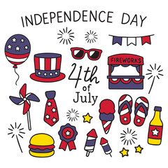 Independence Day 4th July America USA Doodle Icon Outline Line Art Red White Blue Minimalist