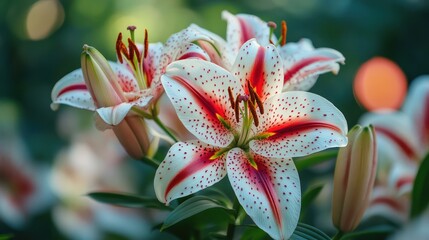 Obraz premium Enchanting oriental lilies with red accents in a serene botanical setting
