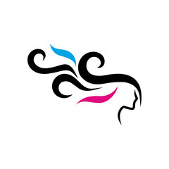 Stylized silhouette of a woman's profile with flowing hair and vibrant colors representing beauty and style