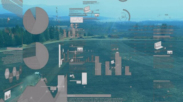 precision farming concept being visualized over aerial farm field, with green tractor, data charts