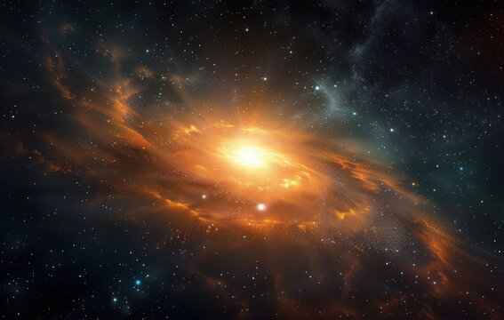 Bright glowing spiral galaxy with swirling orange and yellow cosmic dust and stars in deep space evoking a sense of wonder and vastness