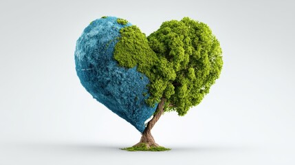 Green tree blending with planet earth, creating heart shaped silhouette, representing ecological unity and environmental connection through natural landscape design