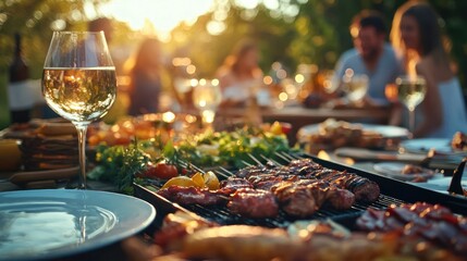 Backyard barbecue party with friends enjoying food, drink and sunshine