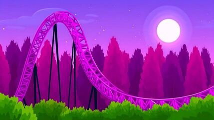 Fototapeta premium Pink roller coaster at night, amidst a purple forest under a full moon