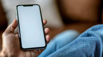 Person holds phone, blank white screen, casual