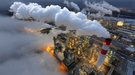 Industrial smoke plumes rising at twilight, silhouetted against darkening sky, highlighting environmental challenges of manufacturing emissions