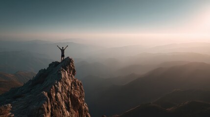 Hiker celebrating achievement atop a mountain peak, arms outstretched in joy as the sun sets over a breathtaking landscape, capturing the essence of freedom and adventure