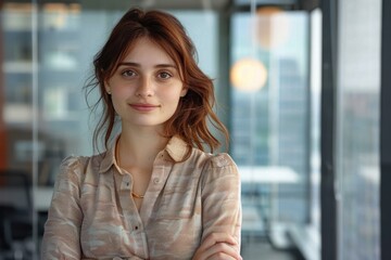 Fototapeta premium Young woman with wavy brown hair wearing a patterned beige blouse standing indoors with arms crossed and soft confident smile in a modern office setting