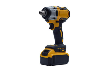 Cordless impact wrench with a yellow and black design is isolated on a white background. Electric tool for construction and automotive projects.