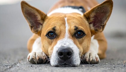 Closeup Portrait of a Brown and White Dog Lying Down