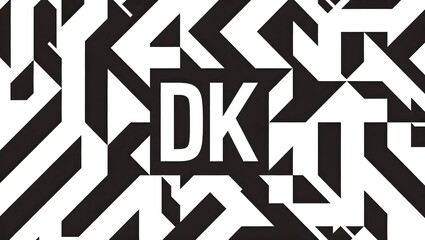 A striking black and white graphic design featuring the monogram "DK" in a bold, geometric style.