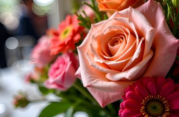 Nearby is a bouquet of beautiful multicolored roses, standing in a glass vase on a set table. The background is blurred
