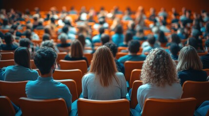 Attendees engrossed in a lecture, viewed from behind in an auditorium setting