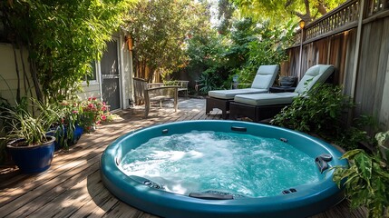 Steamy hot tub in a verdant backyard, framed by green plants on a wooden deck with two lounge chairs
