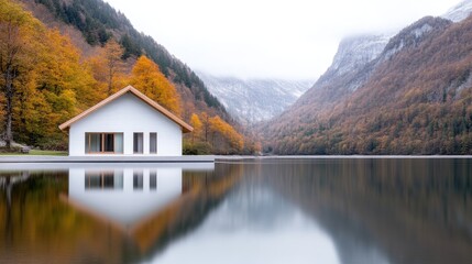 Obraz premium Lakeside cabin nestled in autumnal mountains. Tranquil reflection on still water