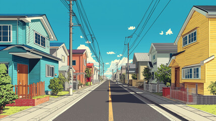 Obraz premium 緑豊かな街路樹と赤い瓦屋根の住宅が調和する、日本の新興住宅地を描いた高解像度イラスト、晴天のもとで広がる爽やかな郊外の風景、暮らしの息吹を感じるリアルな町並み