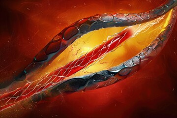 close-up of a glowing red and orange organic structure with black scaly segmented limbs and intricate white filament details against a fiery red background, evoking a sense of energy and intensity