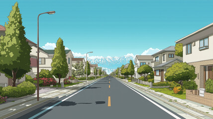 緑豊かな街路樹と赤い瓦屋根の住宅が調和する、日本の新興住宅地を描いた高解像度イラスト、晴天のもとで広がる爽やかな郊外の風景、暮らしの息吹を感じるリアルな町並み