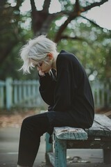 person with white messy hair wearing all black clothes sitting alone on an old wooden bench outdoors with a contemplative or melancholic posture