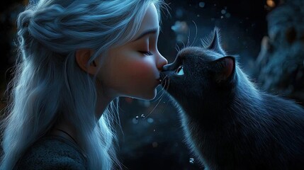 In a magical scene with a captivating ambiance, a woman with silver hair gives a black cat a kiss. 