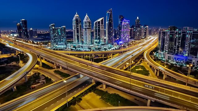 Aerial view of a vibrant cityscape at night with illuminated skyscrapers and busy highways
