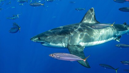 Fototapeta premium Great White Shark Underwater in Blue Ocean