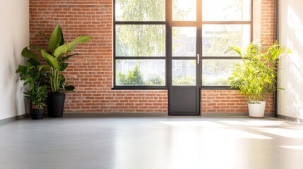 Fototapeta premium Empty modern loft space with large windows, sunlit