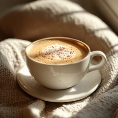 Obraz premium perfectly frothed cappuccino in a white ceramic cup, minimalistic composition, soft morning light, warm neutral tones 
