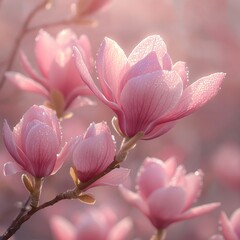 Obraz premium Pink magnolia blossoms opening in early spring, gentle sun rays filtering through petals, dewdrops glistening, realistic floral photography, elegant pastel tones 