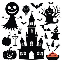 A collection of black silhouette vector illustrations depicting various Halloween-themed elements.