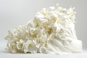 Ornate white cake decorated with elaborate flowers.